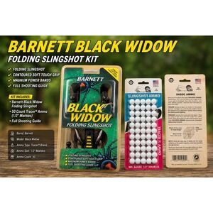 Barnett Black Widow Folding Slingshot with Trumark 1/2 Inch Marble Ammo 50 Count